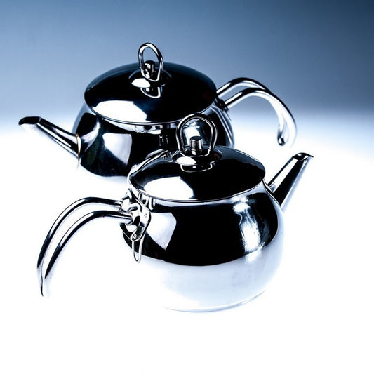 Dubultā tirkīza tējkanna, nerūsējošais tērauds ar metāla rokturiem