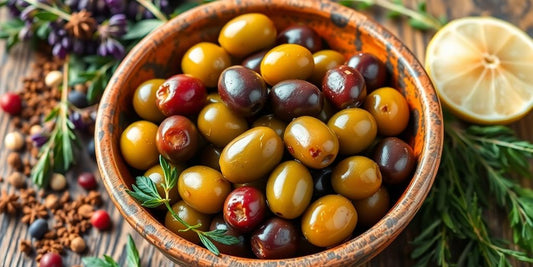 Marinētas olīvas ar garšvielām un zālēm.