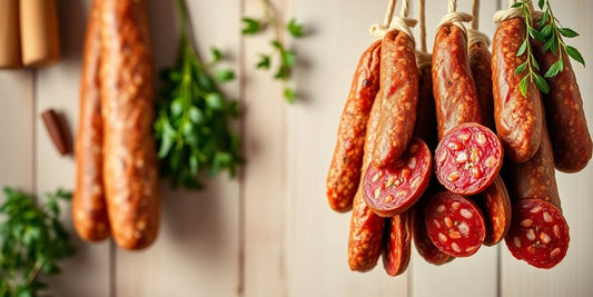 Mājas salami desas ar garšvielām un garšaugiem.