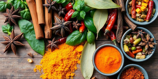 Eksotiskas garšvielas, svaigi augi un sastāvdaļas.