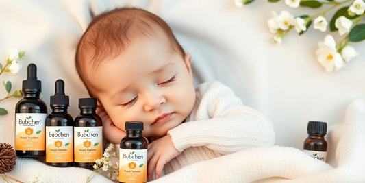 Bērns ar Bübchen eļļu pudeļu izkārtojumu.