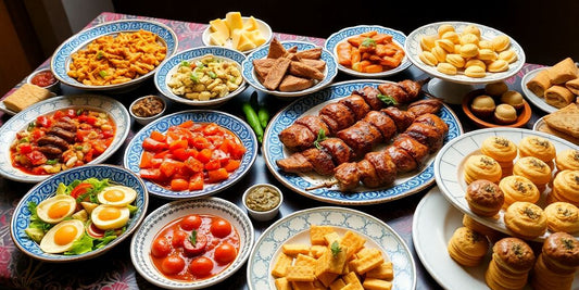 Krāsains turku ēdienu klāsts uz galda.