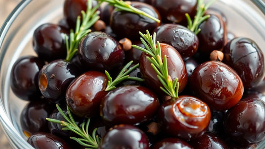 Marinētas olīvas ar garšvielām stikla bļodā.