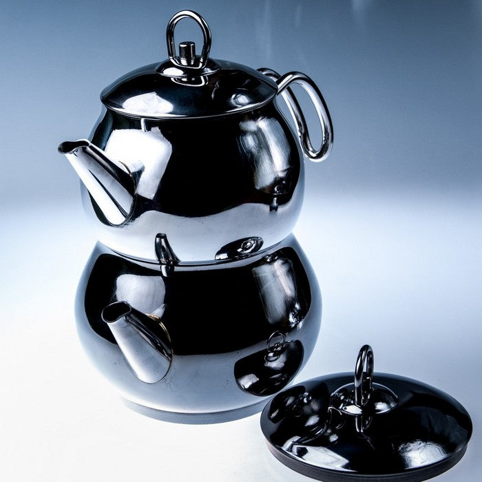 Dubultā tirkīza tējkanna, nerūsējošais tērauds ar metāla rokturiem