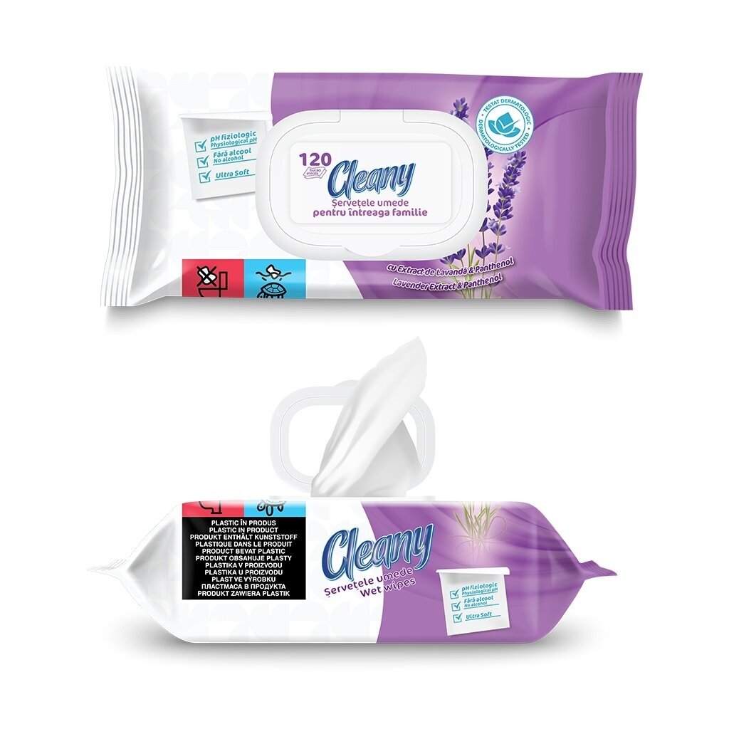 Mitrās salvetes, CLEANY, lavandu ekstrakts un pantenols, 120 gab 
