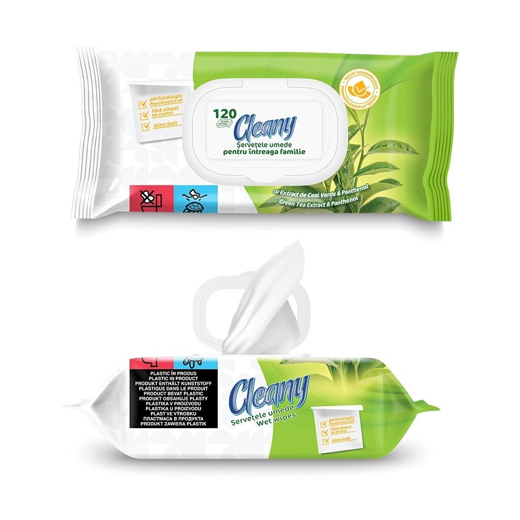 Mitrās salvetes, CLEANY, zaļās tējas ekstrakts un pantenols, 120 gab 