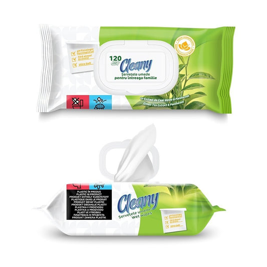 Mitrās salvetes, CLEANY, zaļās tējas ekstrakts un pantenols, 120 gab