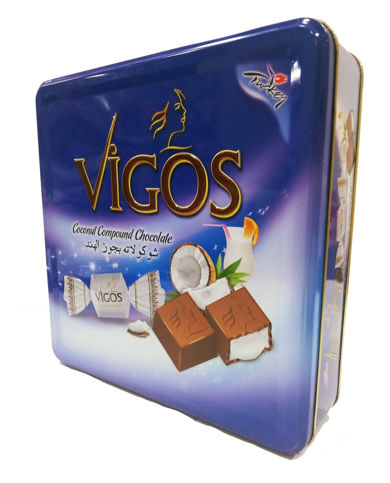 Šokolādes konfektes ar kokosriekstu pildījumu, metāla kaste,Vigos, 600g