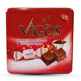 Šokolādes konfektes ar lazdu riekstu pildījumu, metāla kaste, Vigos, 600g 